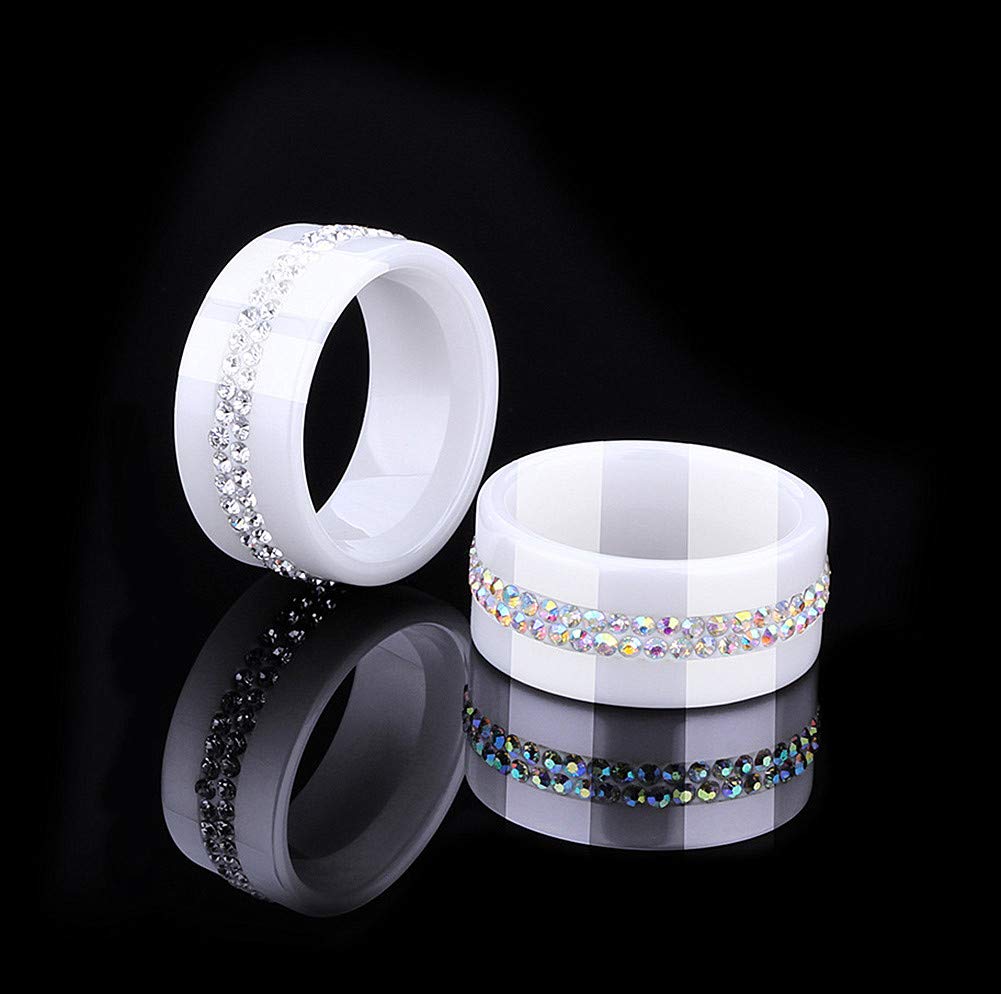 PAMTIER 10MM Classic Wide 2 Lines Rows CZ Crystal Ceramic Ring Women Wedding Band Multicolor Zircon White Size 7