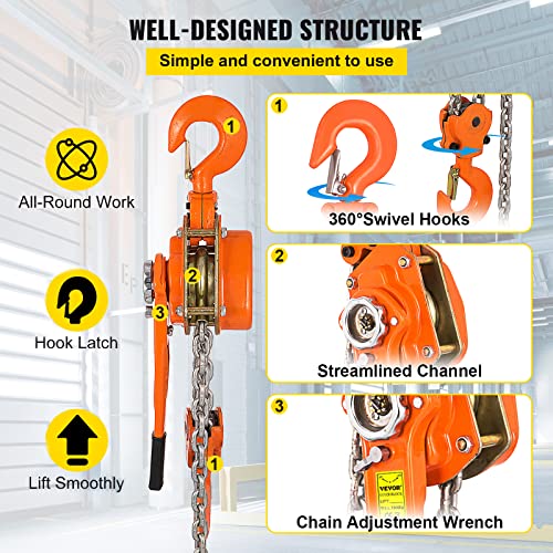 Happybuy Lever Chain Hoist 3/4 Ton 1650LBS Capacity 10 FT Chain Come Along with Heavy Duty Hooks Ratchet Lever Chain Block Hoist Lift Puller Comealong