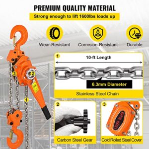 Happybuy Lever Chain Hoist 3/4 Ton 1650LBS Capacity 10 FT Chain Come Along with Heavy Duty Hooks Ratchet Lever Chain Block Hoist Lift Puller Comealong