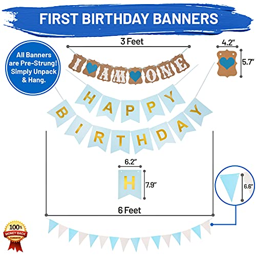 Baby Boy 1st Birthday Decorations With Birthday Crown - First Birthday Boy Decorations - Cake Smash Party Supplies - Happy Birthday and HighChair One Burlap Banner, Number One Balloon, Cake Topper.