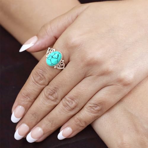 JEWELOPORIUM 925 Sterling Silver Ring for Women Size 11 Blue Turquoise Stone Costume Silver Ring Christmas - Gift Vintage Jewelry