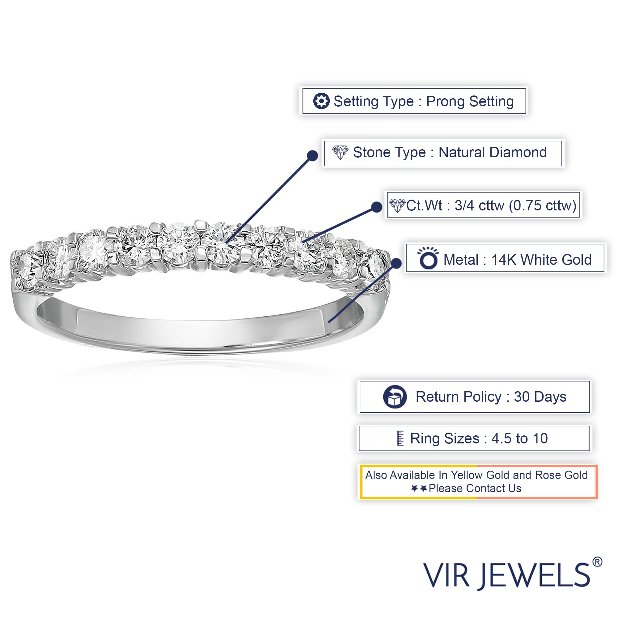 Vir Jewels 3/4 carat (ctw) Diamond Wedding Anniversary Band for Women, Round Diamond Engagement Ring 14K White Gold 10 Stones Prong Set 0.75 cttw, Size 4.5