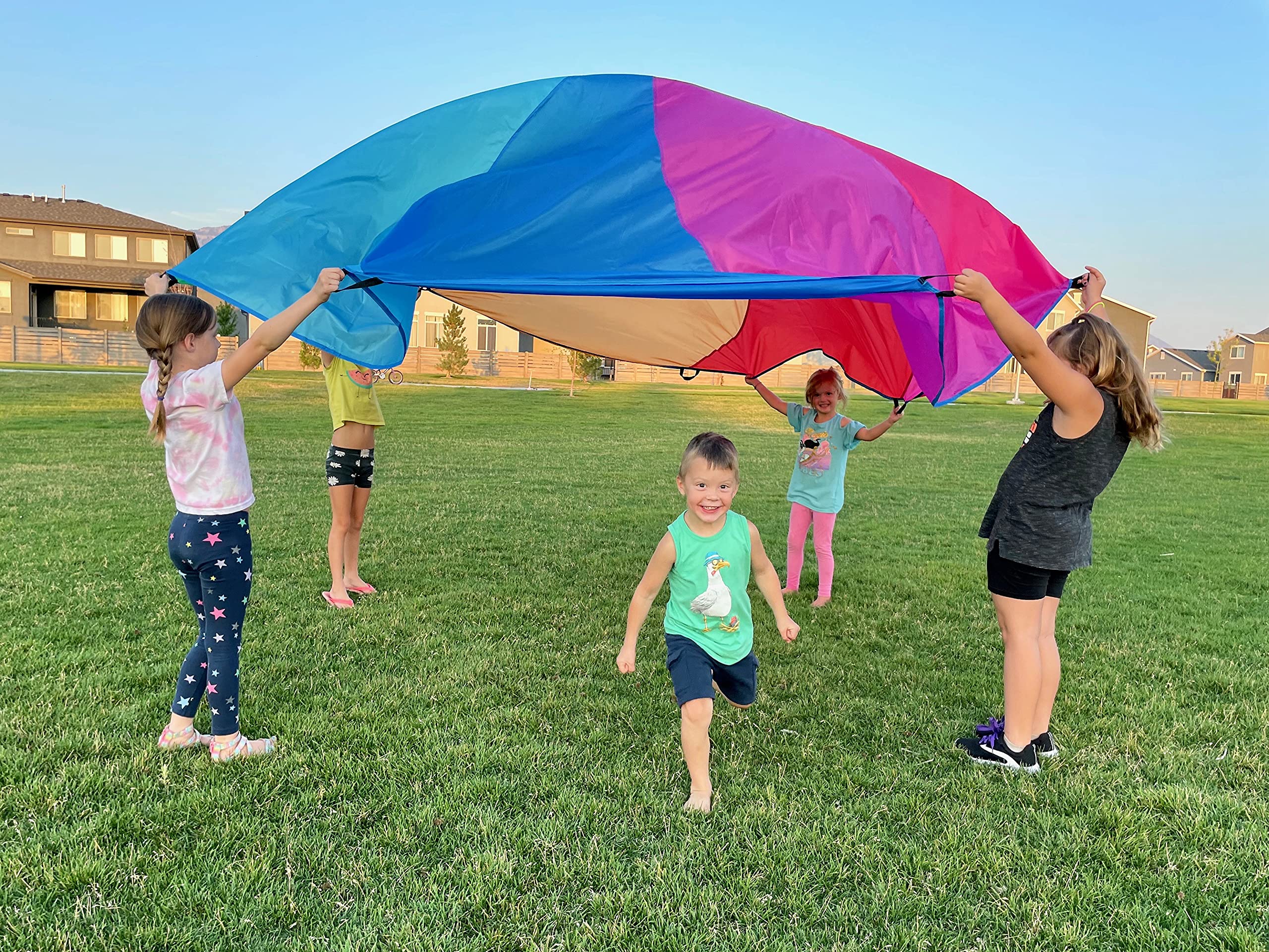 Little Dynamo Parachute Toys for Kids with 8 Handles 12ft - Gym Class Rainbow Color Parachute for Cooperative Group Play - Waterproof and Reinforced Stitching