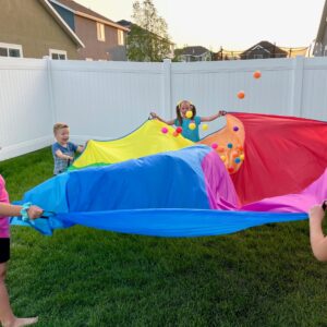 Little Dynamo Parachute Toys for Kids with 8 Handles 12ft - Gym Class Rainbow Color Parachute for Cooperative Group Play - Waterproof and Reinforced Stitching