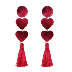 famarine red heart tassel earrings, velvet double heart shape fringe drop earrings christimas, red