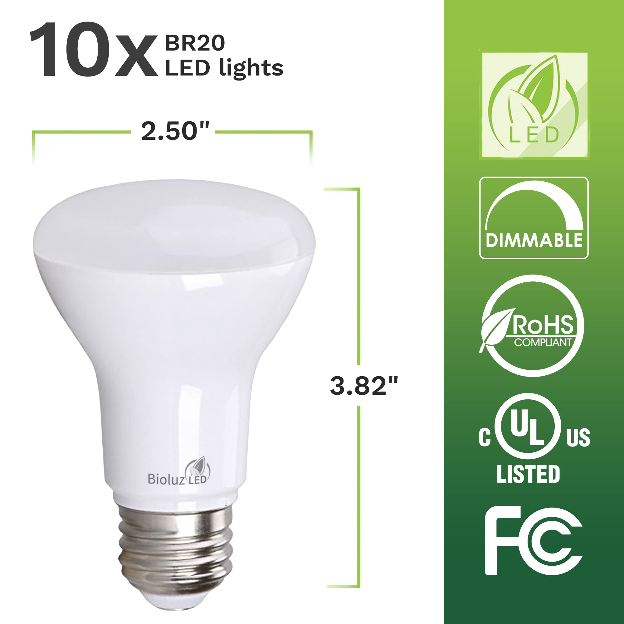 Bioluz LED 10 Pack BR20 LED Bulb 6W=50W 2700K Warm White 90 CRI Dimmable UL-Listed CEC Title 20 Compliant 540 Lumen Outdoor/Indoor Flood Light (Pack of 10)