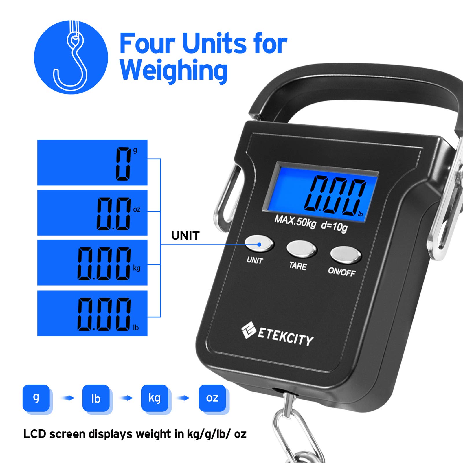 Etekcity Fishing Scale with Backlit LCD Display, 110lb/50kg Digital Electronic Hanging Hook Scale with Batteries and Carry Pouch Included, Black, Non-Slip Handle