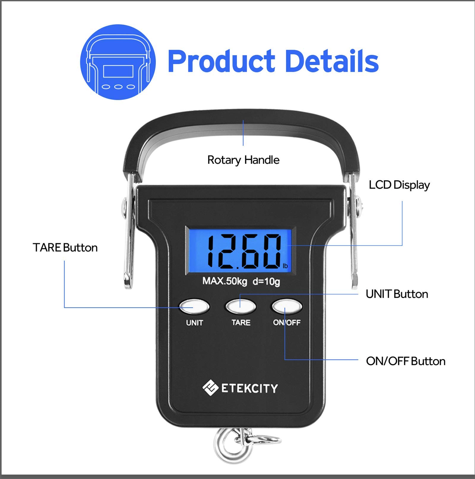 Etekcity Fishing Scale with Backlit LCD Display, 110lb/50kg Digital Electronic Hanging Hook Scale with Batteries and Carry Pouch Included, Black, Non-Slip Handle