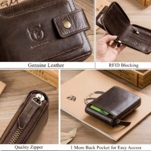 BULLCAPTAIN Genuine Leather Wallet for Men Large Capacity ID Window Card Case with Zip Coin Pocket QB-231 (Coffee)