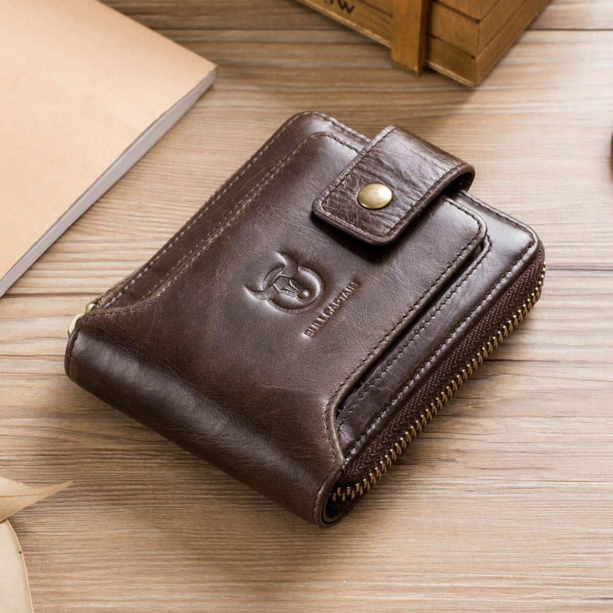 BULLCAPTAIN Genuine Leather Wallet for Men Large Capacity ID Window Card Case with Zip Coin Pocket QB-231 (Coffee)