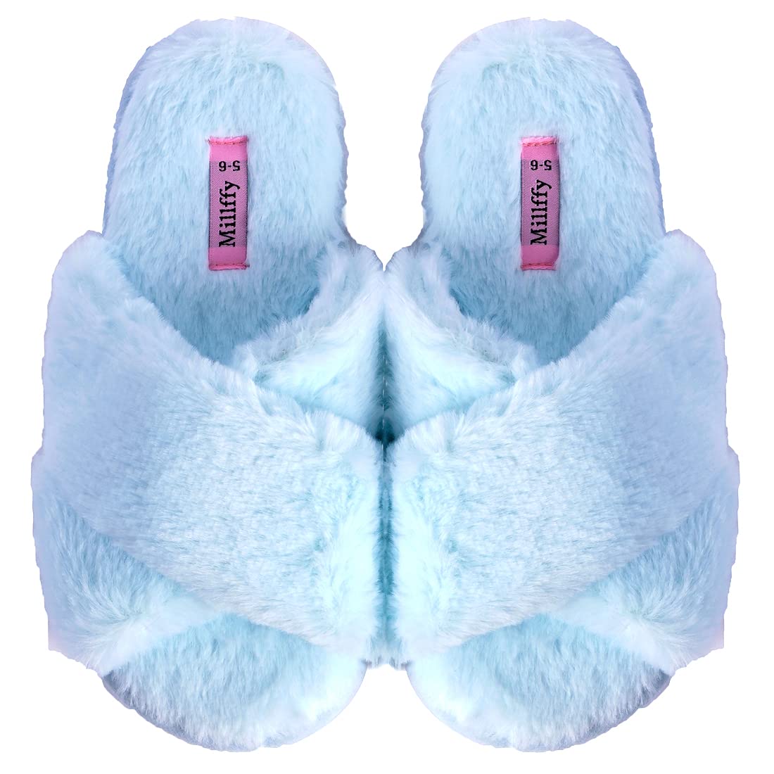 Millffy Women's Cross band slipper fuzzy fluffy slippers summer slip on house slippers (Women US 9-10, Cross Blue)