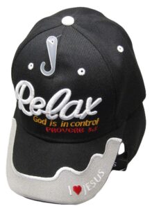 relax god is in control christian black embroidered cap hat 815