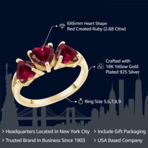 Gem Stone King 18K Yellow Gold Plated Silver Red Created Ruby 3 Stone Ring For Women (2.88 Cttw, Heart Shape 6MM, Available In Size 5, 6, 7, 8, 9)