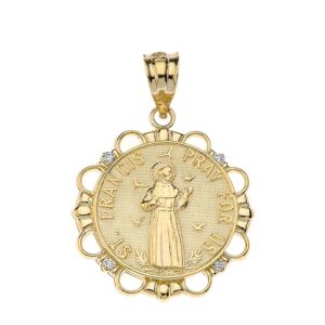 Fine 14k Yellow Gold Diamond Round St. Francis Of Assisi Medal Pendant