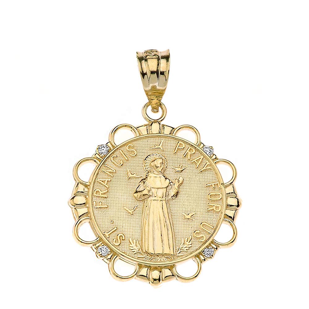 Fine 14k Yellow Gold Diamond Round St. Francis Of Assisi Medal Pendant