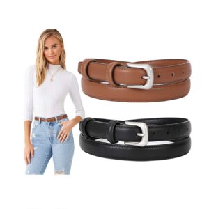 suosdey 2 pack ladies skinny thin leather belts for women jeans with pin alloy buckle fashion waist belt for dress pants formal casual,black and brown