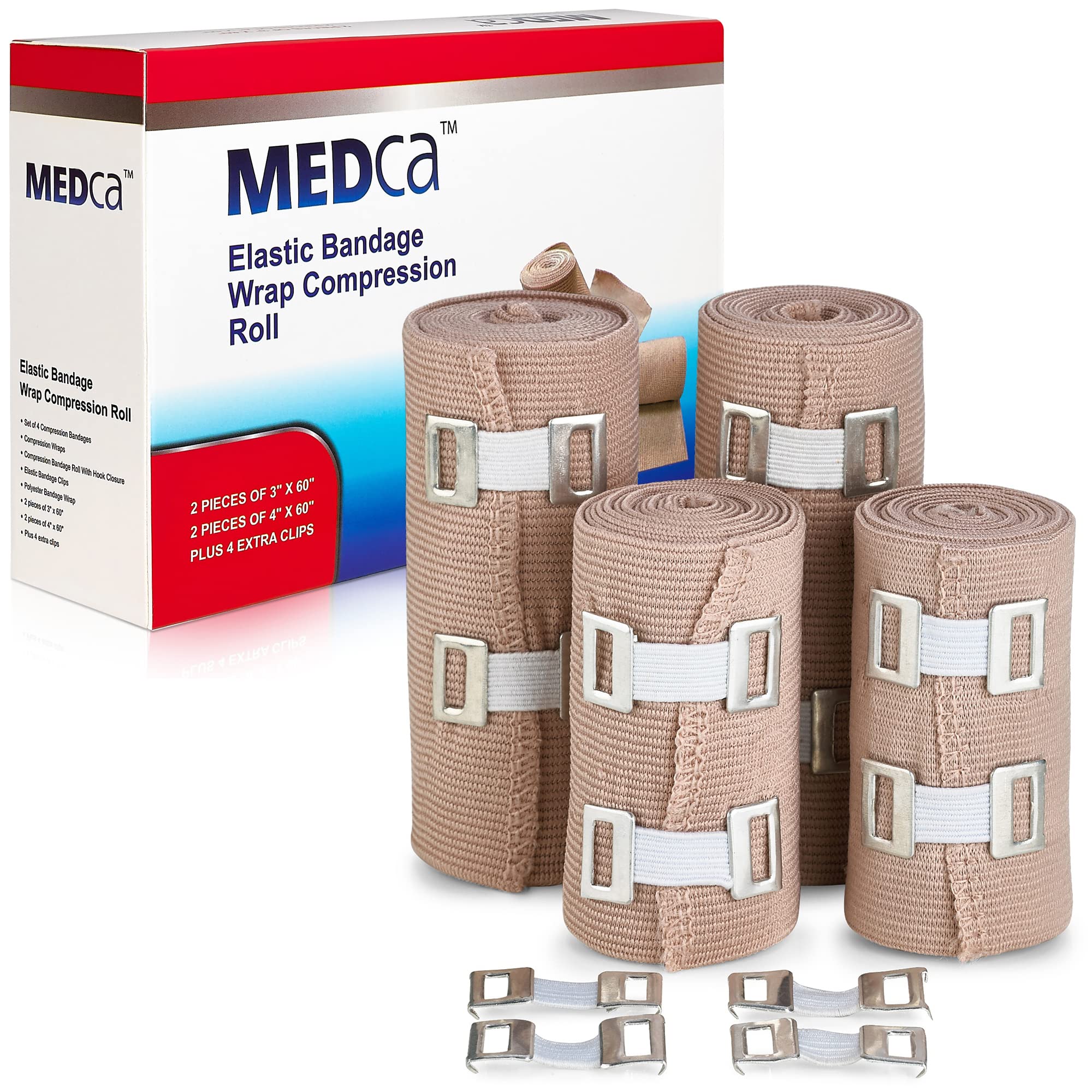 Elastic Compression Bandage Wrap - Premium Quality (Set of 4) w/ Hooks, Athletic Sport Support Tape Rolls for Ankle, Wrist, Arm, Leg Sprains First Aid Bandages Measure (2)- 4" x 5 Ft (2)- 3" x 5 Ft