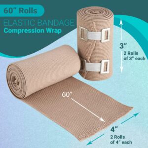 Elastic Compression Bandage Wrap - Premium Quality (Set of 4) w/ Hooks, Athletic Sport Support Tape Rolls for Ankle, Wrist, Arm, Leg Sprains First Aid Bandages Measure (2)- 4" x 5 Ft (2)- 3" x 5 Ft