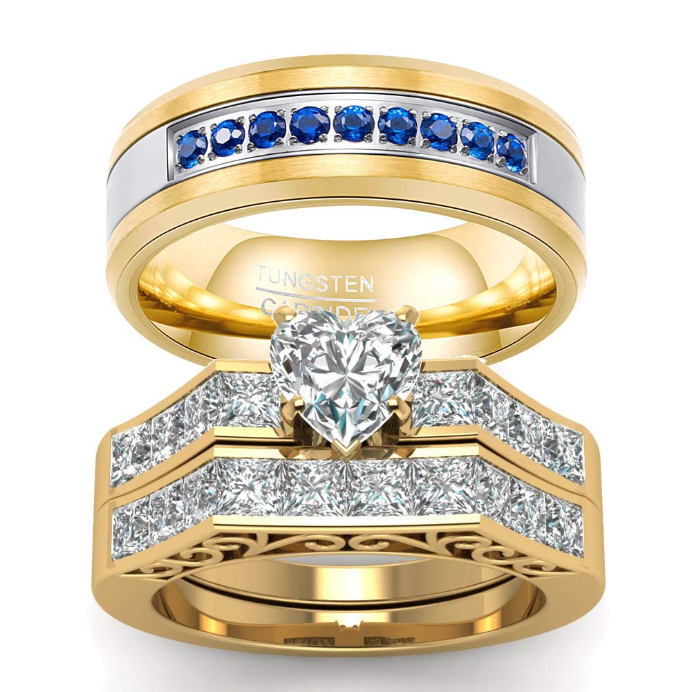 Two Rings His Hers Wedding Ring Sets Couples Rings Women's 10k Yellow Gold Filled White CZ Wedding Engagement Ring Bridal Sets & Men's Tungsten Carbide Blue Cz Wedding Band