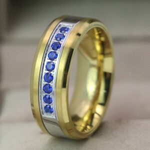 Two Rings His Hers Wedding Ring Sets Couples Rings Women's 10k Yellow Gold Filled White CZ Wedding Engagement Ring Bridal Sets & Men's Tungsten Carbide Blue Cz Wedding Band