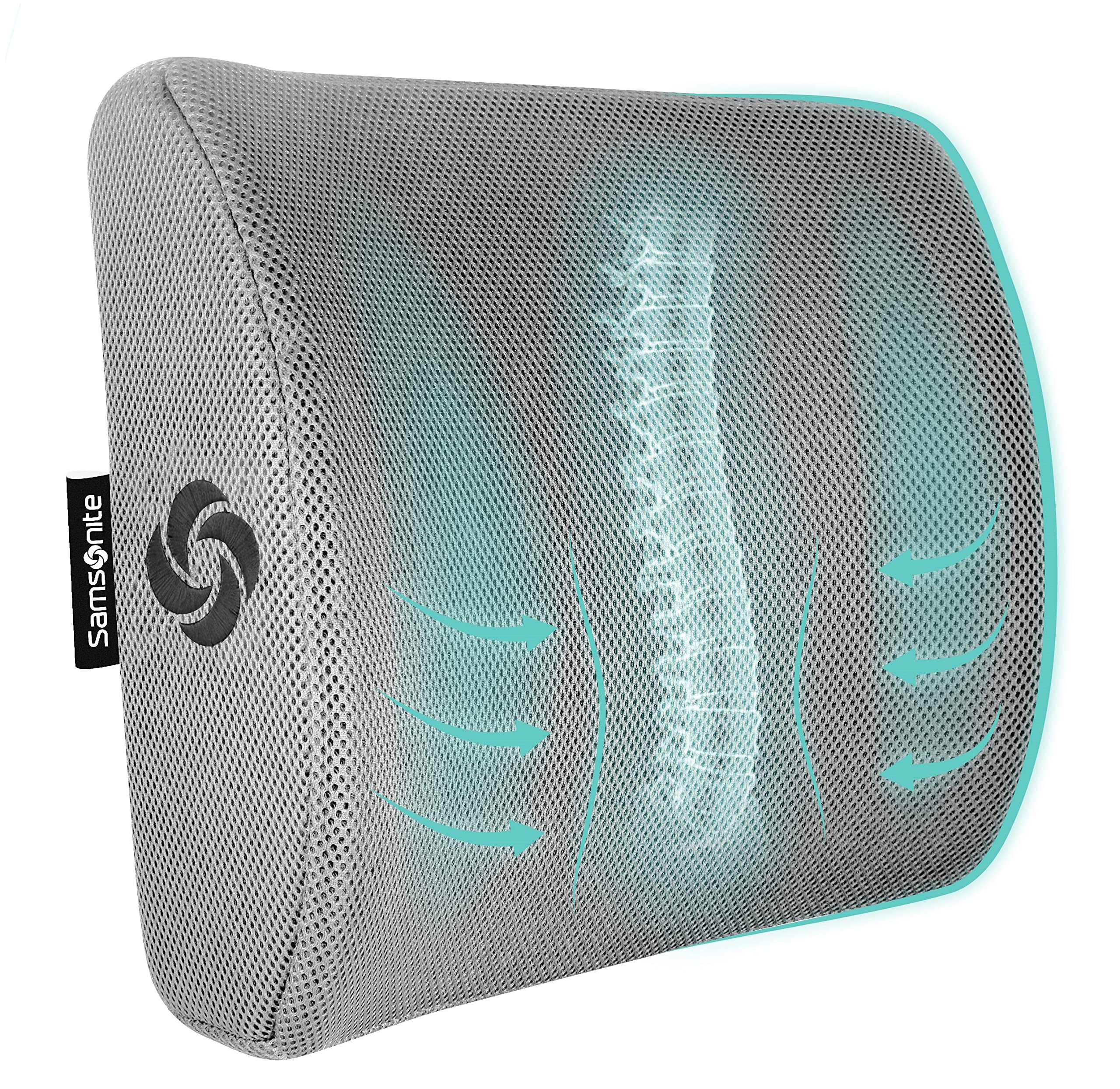 Samsonite SA5244 Ergonomic Lumbar Support Pillow Helps Relieve Lower Back Pain 100% Pure Memory Foam Improves Posture Fits Most Seats Breathable Mesh Washable Cover Adjustable Strap