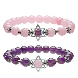 Jovivi 2pcs Natural Semi Precious Gemstone Amethyst Rose Quartz Crystal Bracelets Set Handmade Healing Stone Beads Beaded Stretch Bracelet for Women