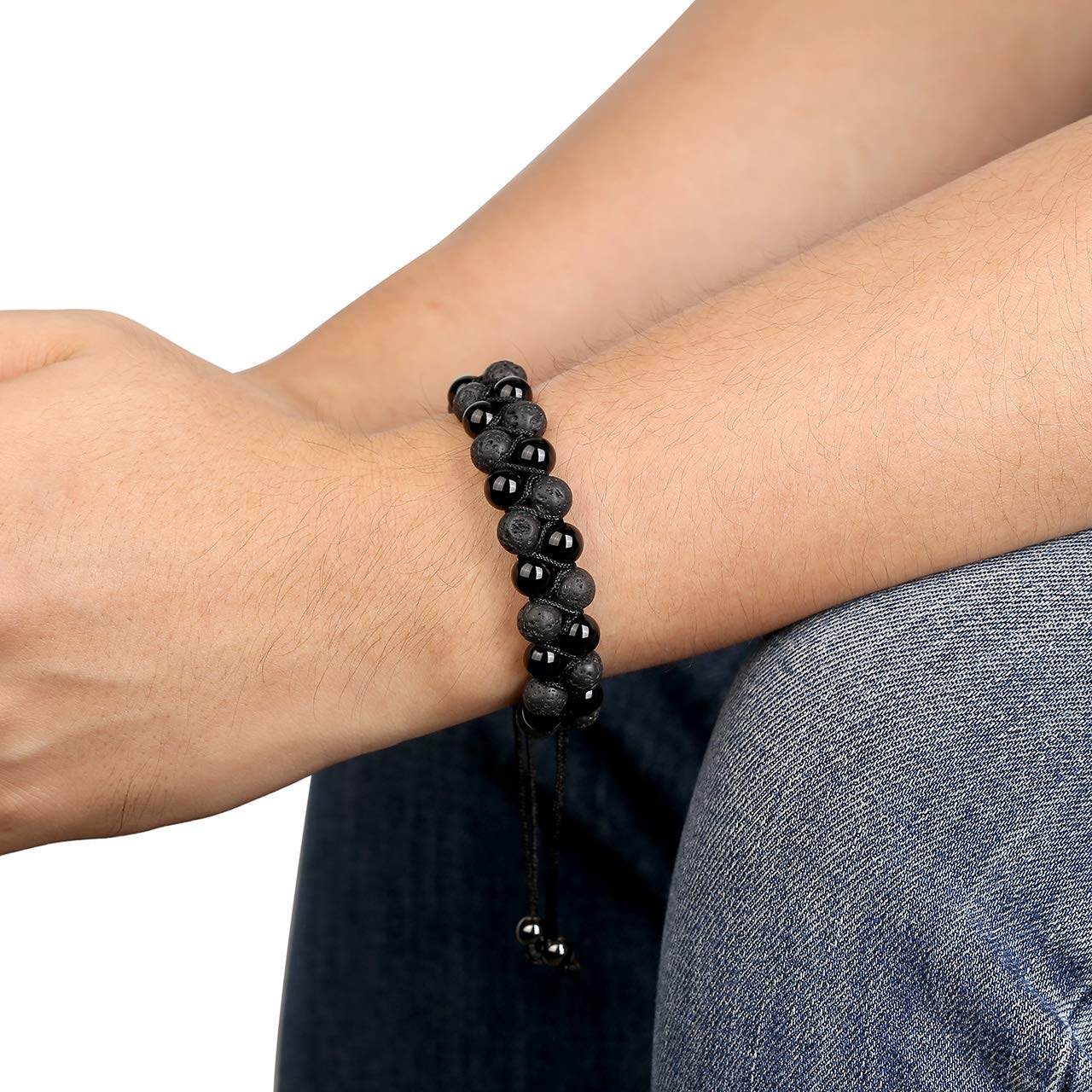 Top Plaza Men Women 8mm Lava Rock Stone Aromatherapy Essential Oil Diffuser Bracelet Braided Rope Natural Stone Yoga Beads Bracelets - Black Agate Onyx