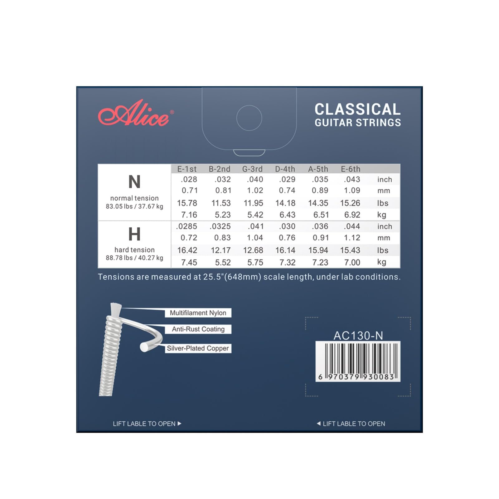 Classical Guitar Strings, Alice 2 Set Classic Guitar 6 Strings Clear Nylon Normal Tension 28-43 Gauge with Anti-Rust Coating, Silver Plated Wrap (AC130)