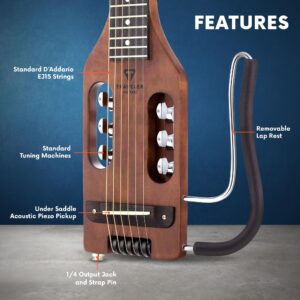 Traveler Guitar Ultra-Light Guitar for Travel | Portable and Headless Electric Acoustic Guitar | Full 24 3/4" Scale | Antique Brown Travel Guitar with Custom Gig Bag and Removable Lap Rest