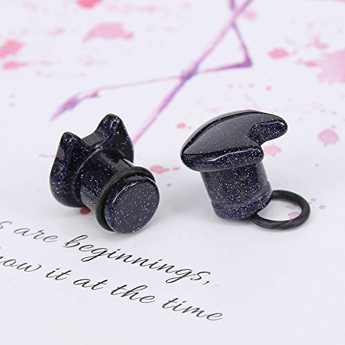 Cute Cat Natural Organic Stone Ear Plug Single Flare Ear Tunnel Gauge Stretcher Ear Expander Piercing 2g-5/8 (Blue Sandstone, Gauge=2g(6mm))