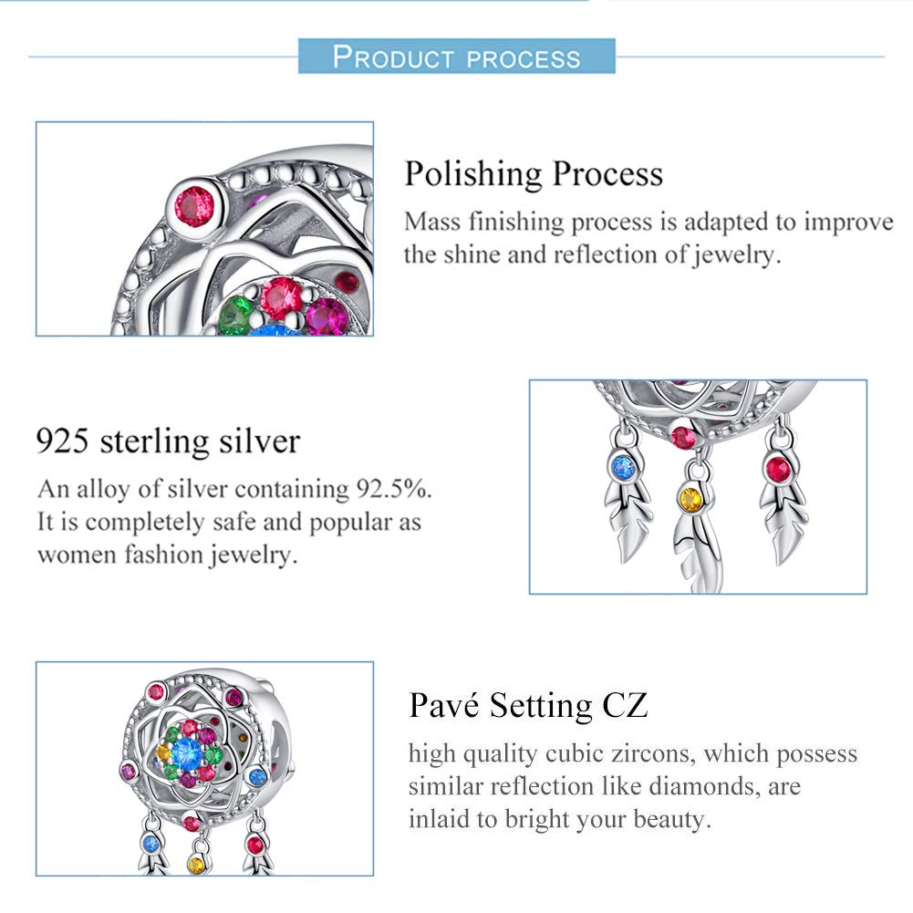 FOREVER QUEEN Dream Catcher Charm fit Charms Bracelet 925 Sterling Silver Feathers Tassel Bead Charm with Colorful Stones Pendant for European Bracelets Necklace