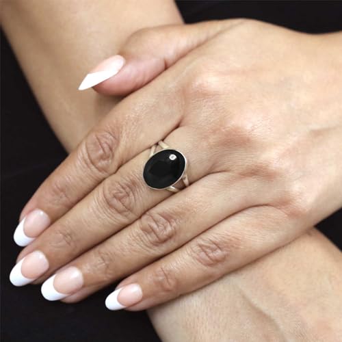 JEWELOPORIUM 925 Sterling Silver Ring for Women Size 8.5 Natural Black Onyx Stone Vintage Silver Ring Friendship Day Gift Solitaire Jewelry