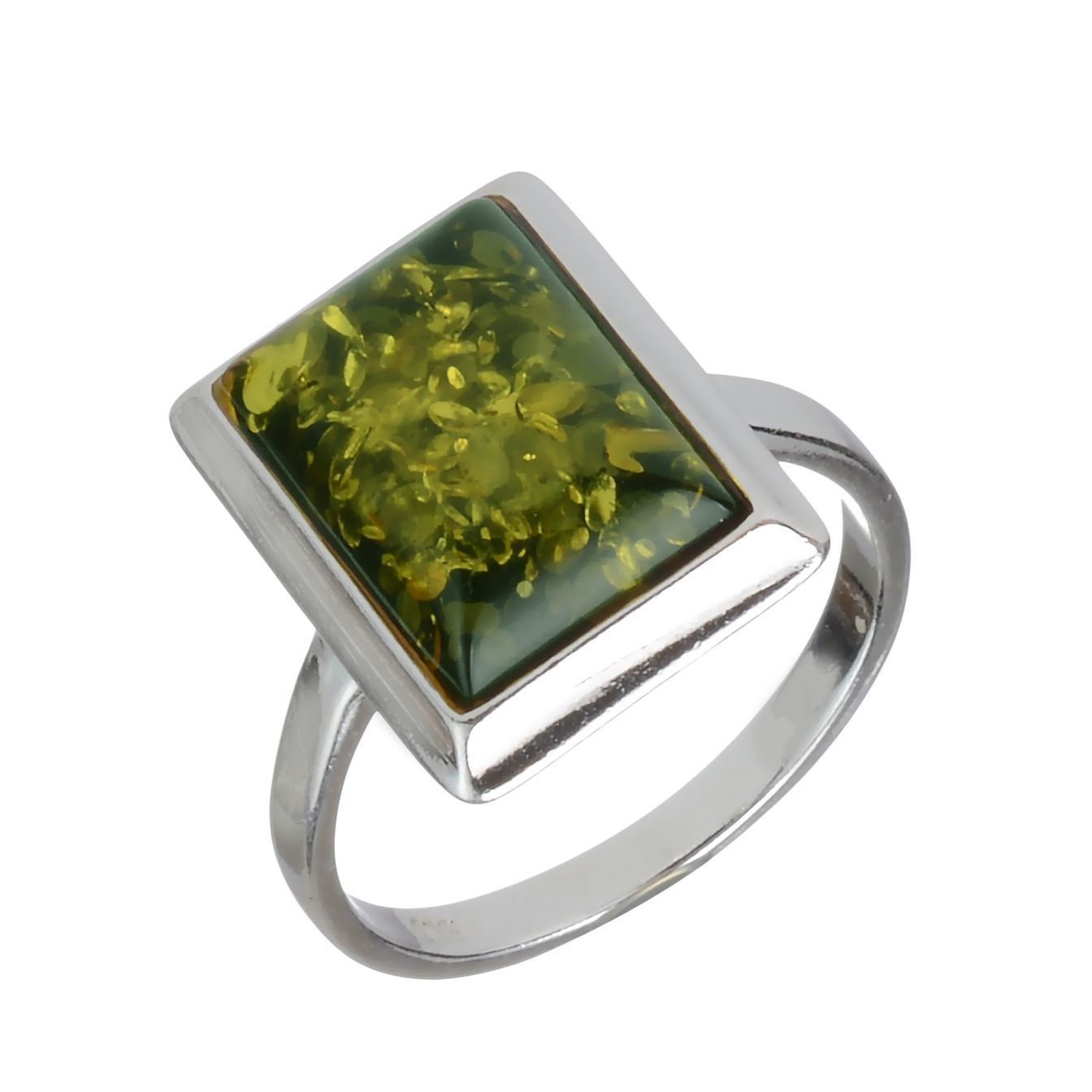 HolidayGiftShops Sterling Silver and Baltic Green Rectangle Amber Adult Ring- Size 9