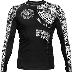 Hardcore Training Ta Moko Black Men's Rash Guard Compression Long Sleeve MMA No-Gi Tight BJJ Grappling Base Layer Fitness (Large Size, Black White)