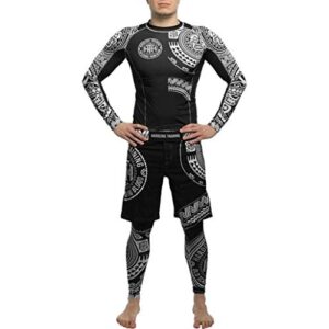 Hardcore Training Ta Moko Black Men's Rash Guard Compression Long Sleeve MMA No-Gi Tight BJJ Grappling Base Layer Fitness (Large Size, Black White)