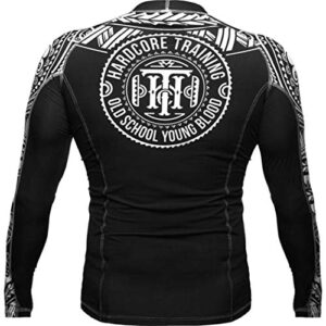 Hardcore Training Ta Moko Black Men's Rash Guard Compression Long Sleeve MMA No-Gi Tight BJJ Grappling Base Layer Fitness (Large Size, Black White)