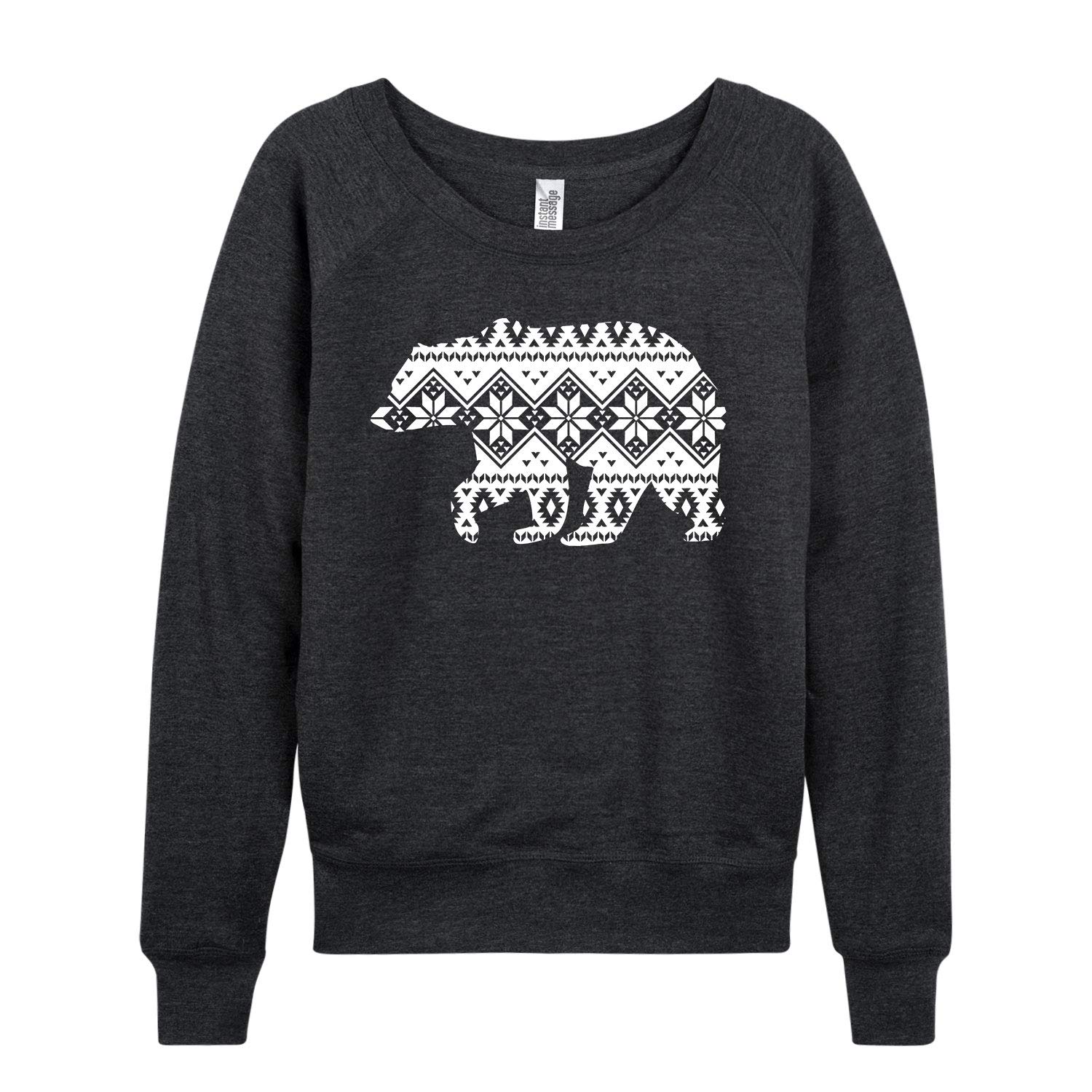 Instant Message - Fair Isle Snowflake Bear - Ladies French Terry Pullover - Size Large Heather Charcoal