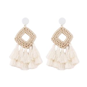 Bohemia Tassel Earrings Statement Handmade Dangle Ethnic Fringe Earrings Bamboo Weaving Geometric Square Sector Gifts for Women-A white