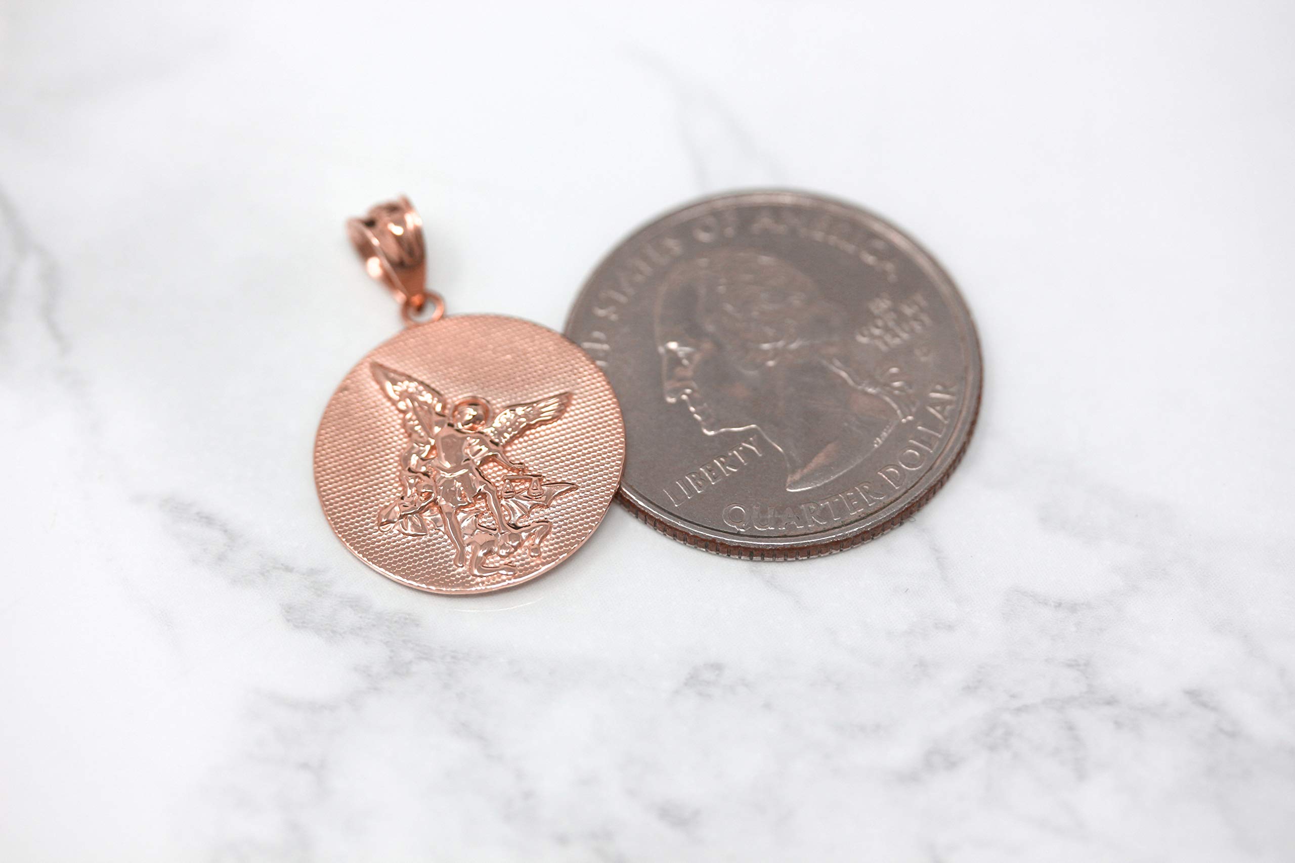 14k Saint Michael Protect Us Coin Charm Pendant in Rose Gold