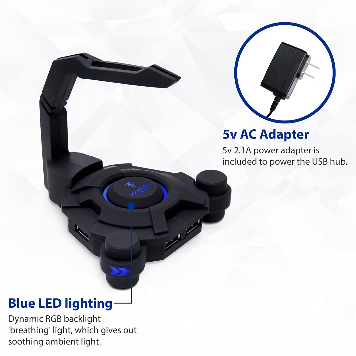 Narfi Gaming Mouse Bungee Stand - Blue LED - 4 Port USB 3.0 Hub with Active Power - AC 5V Power Adapter Is Included - PC; Mac; Linux