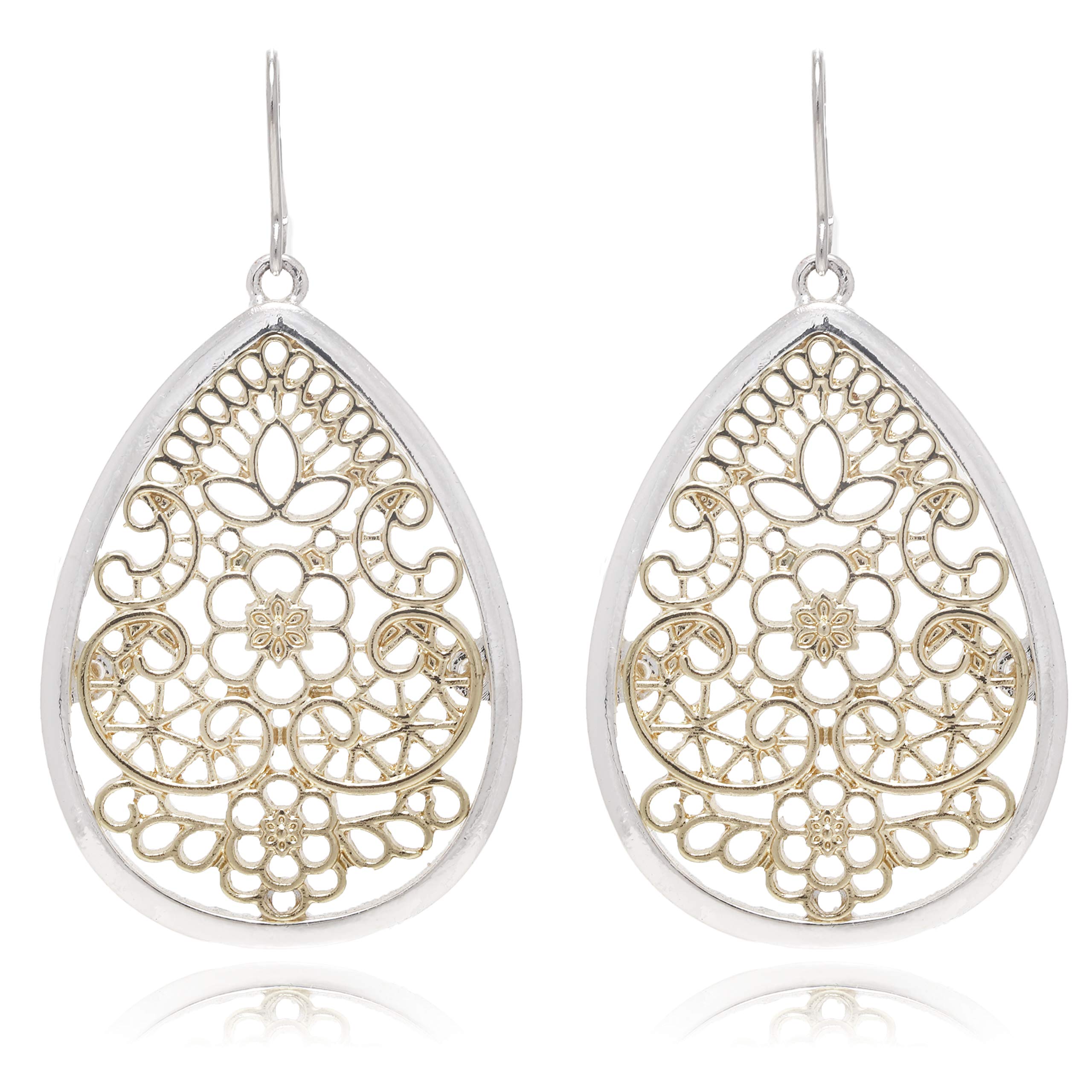 Bohemian Gold & Silver Two Tone Floral Filigree Big Tear Drop Earrings (BIG TEAR DROP)