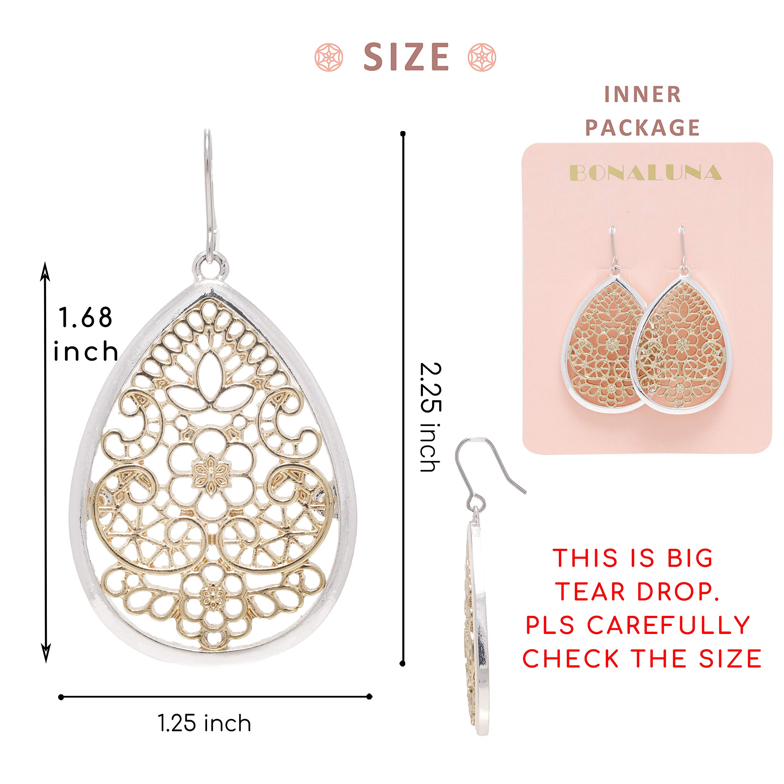 Bohemian Gold & Silver Two Tone Floral Filigree Big Tear Drop Earrings (BIG TEAR DROP)