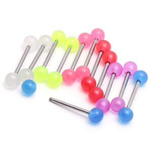 CrazyPiercing Tongue Rings Barbell Nipple Bars 12Pcs Glow in Dark 14G Bioflex Acrylic or Stainless Steel Piercing Rings Jewelry (Stainless Steel Bar)