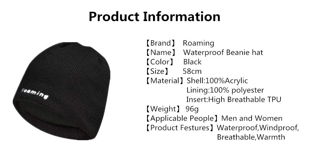 Waterproof Windproof Winter Warm Knit Beanie Fishing Hat Cap, Slouchy Soft Black Headwear Great for Winter Ski Walking Running Trekking