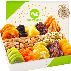 nut cravings gourmet collection - dried fruit & mixed nuts gift basket in white gold box (12 assortments) teacher appreciation arrangement platter, bday care package - healthy kosher