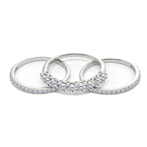 Sterling Silver Cubic Zirconia Round Stackable Anniversary Thin Eternity Band Three Ring Set, Size 7