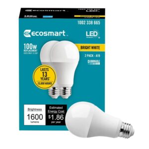 (8-pack) ecosmart led dimmable 100-watt bright white light bulb, a19, 1680-lumen, 3000k, e26 base