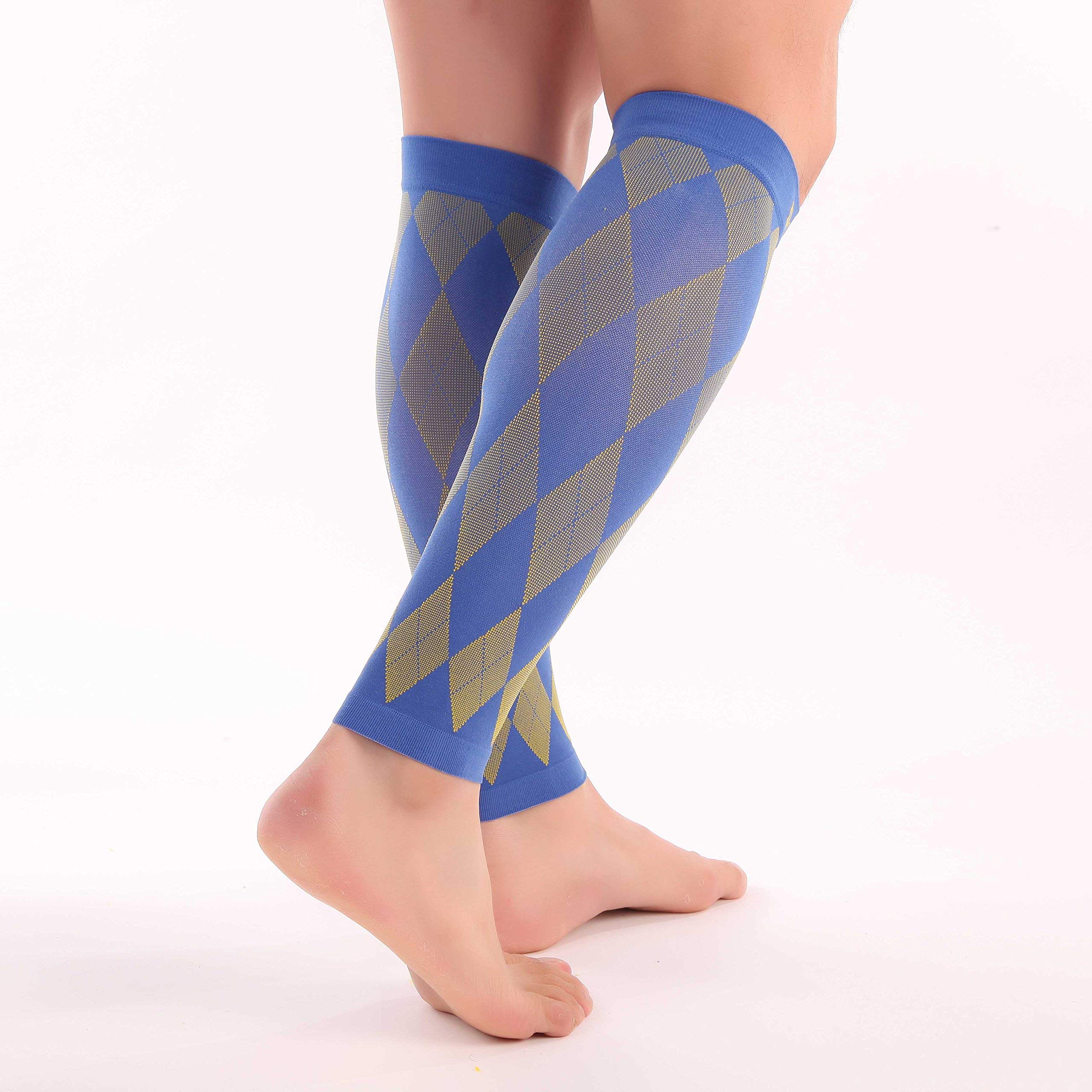 Doc Miller Premium Calf Compression Sleeve 1 Pair 20-30mmHg Graduated Support for Sports Running Circulation Recovery Shin Splints Varicose Veins (Ylw.Blue, S)