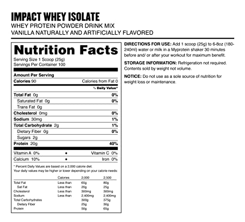 Myprotein Impact Whey Isolate powder - Vanilla 5.5 lbs. (100 Servings)