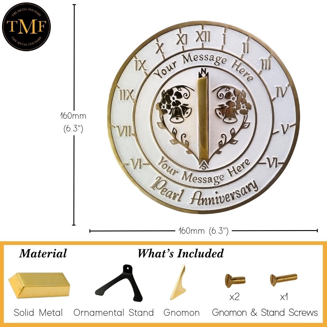 The Metal Foundry Personalized Pearl 30th Sundial - Heavy Duty Recycled Brass Home Decor, Garden Present Made in The UK for Parents, Grandparents, Friends, Couples 30 Years Marriage